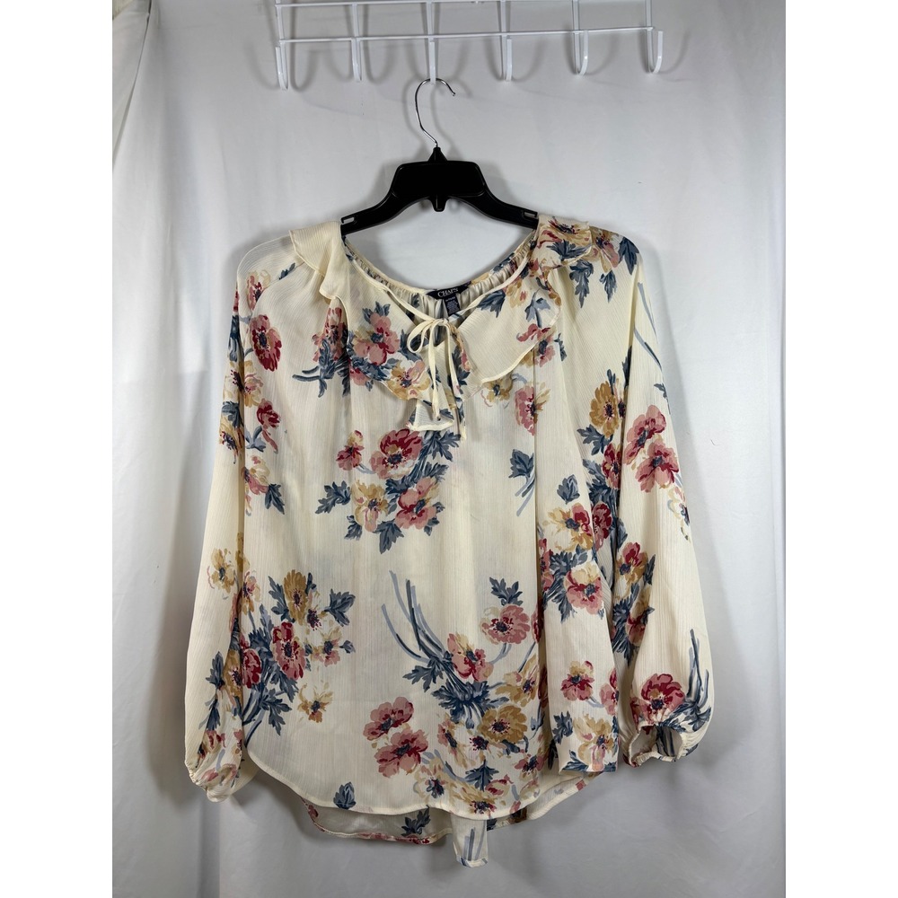 Chaps Womens 1X Floral Ruffle Tie Neck Chiffon Blouse Cream Pink Blue Top